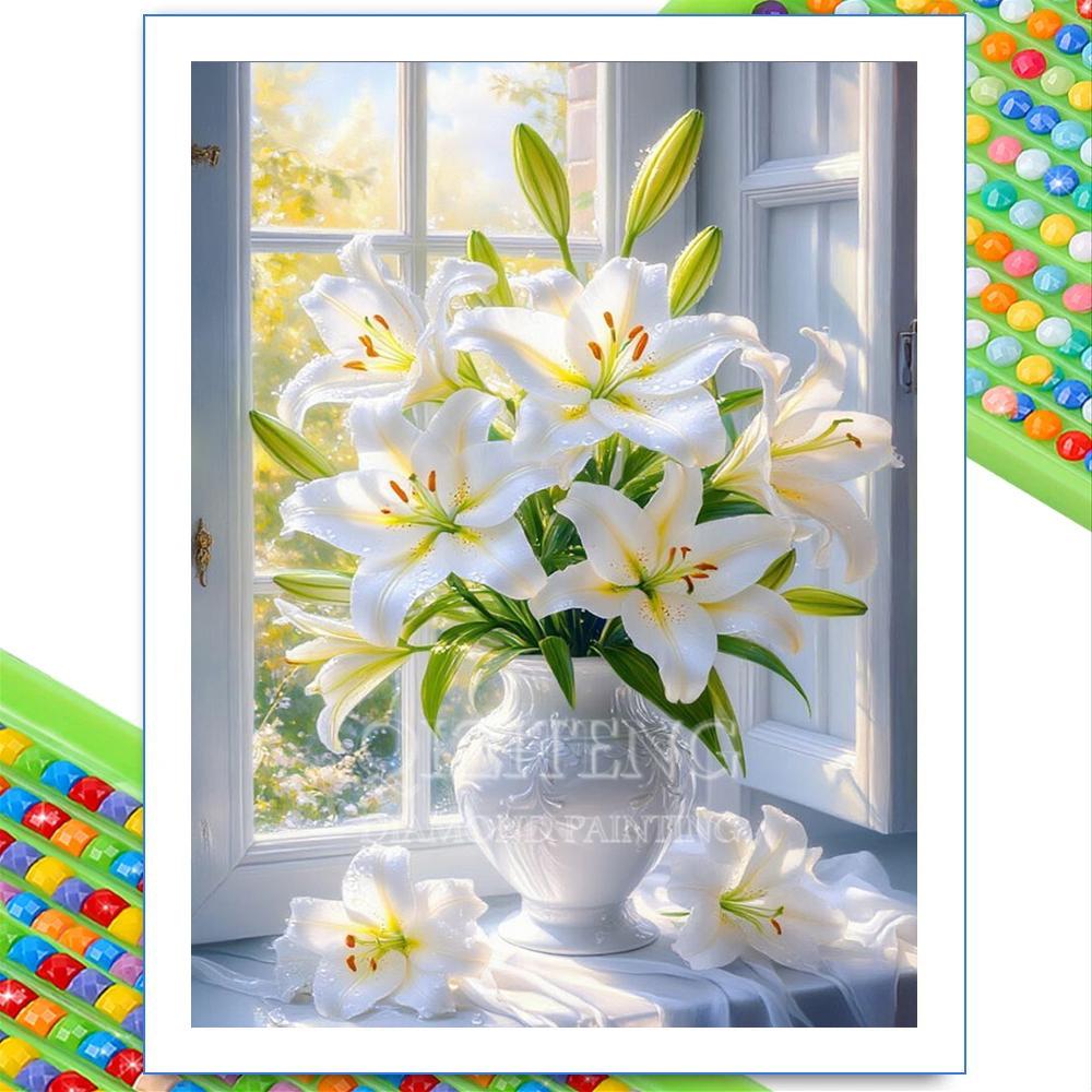 Window View Flower Diamond Painting 5D Full Drill Lily Rose Peony Bouquet DIY Rhinestone Embroidery Mosaic Art Home Decor Gift