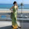 French V-neck green dress women's summer new smudged streamer suspender skirt waist seaside vacation dress