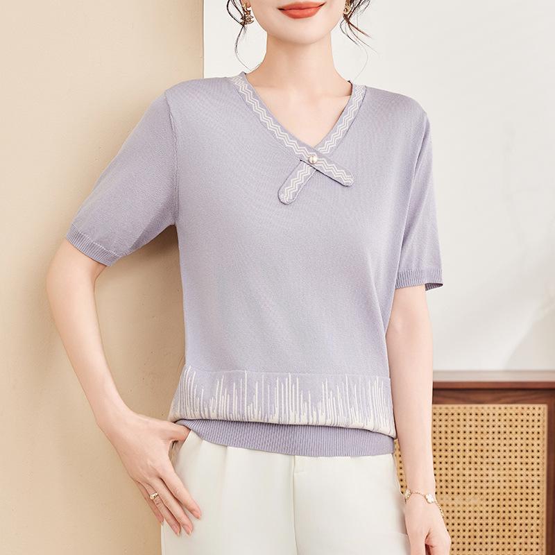Elegant Ice Silk Knit Top for Stylish Moms - 2026 Summer Fashion Short Sleeve 3XL (120-135 lbs)