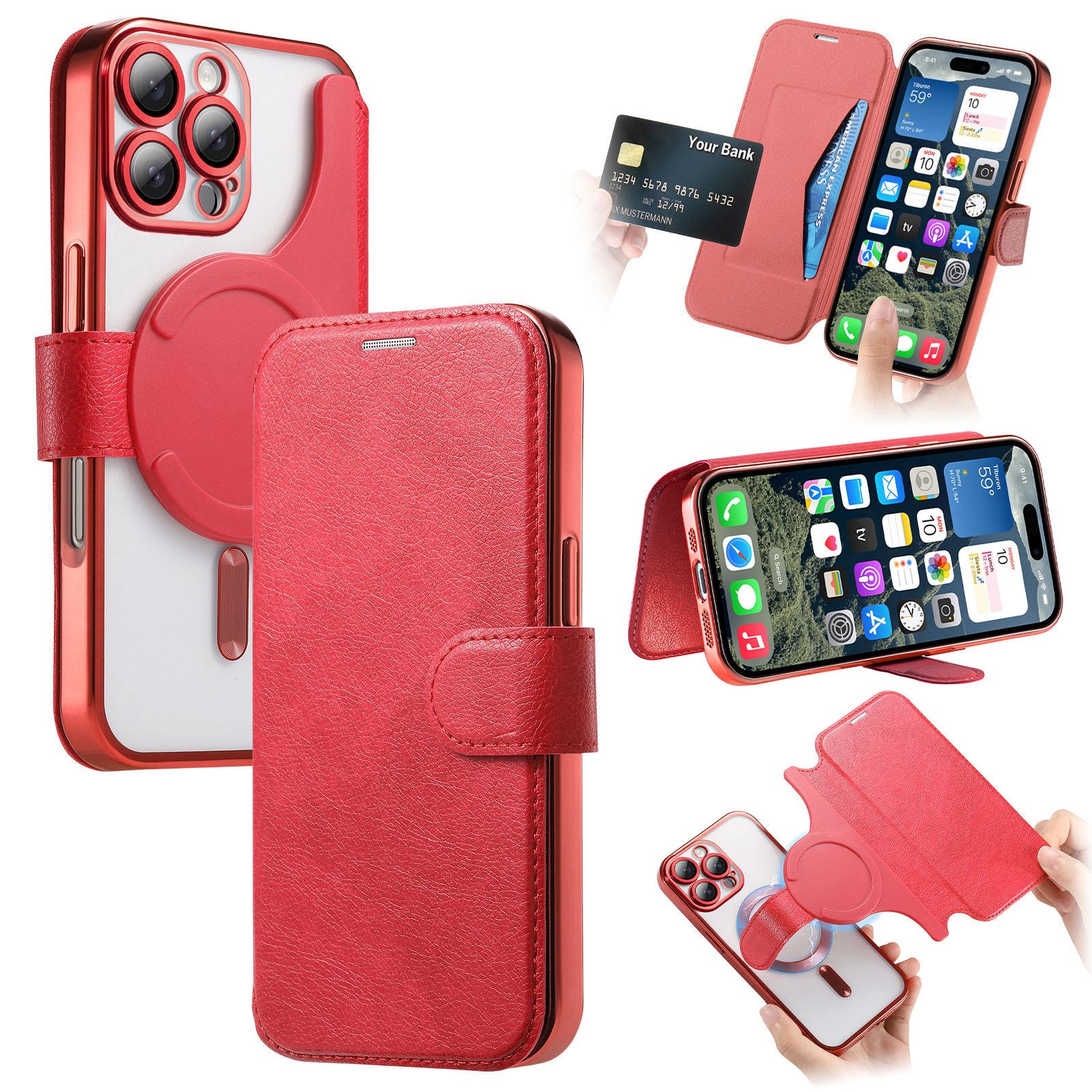 

CASENEO For iPhone 16 Pro Max Case with Lens Film TPU Inner Shell Detachable Leather Phone Cover Red