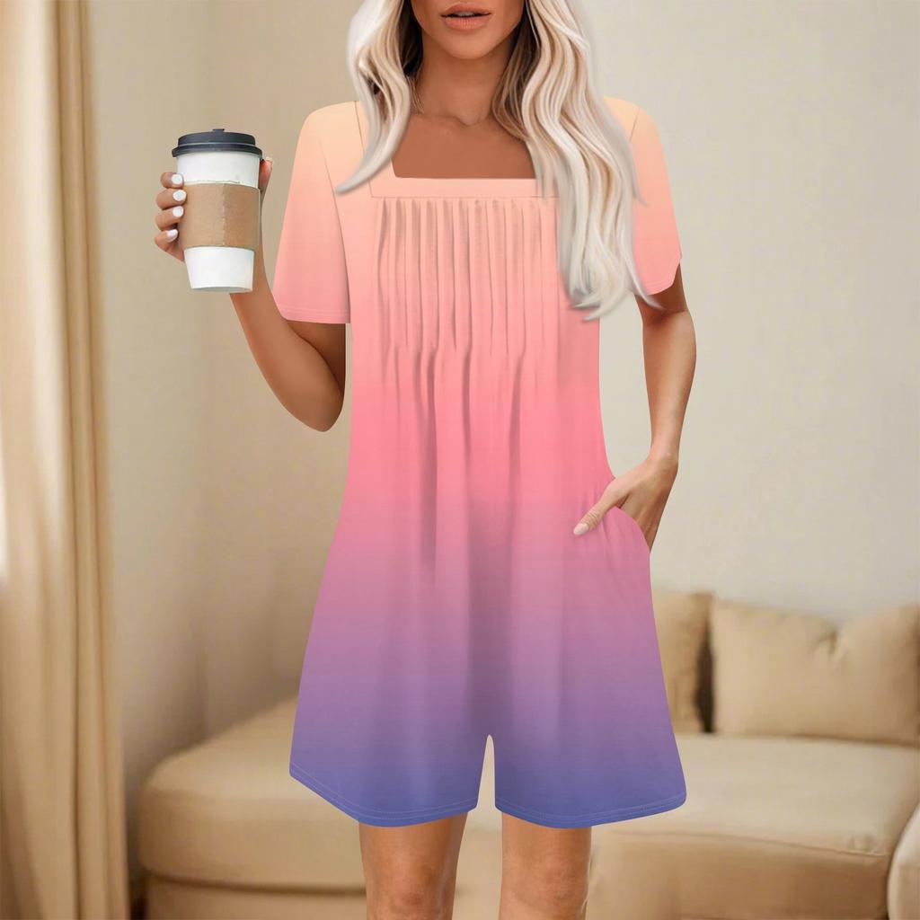 Salopetă de damă la modă și casual cu mânecă scurtă, cu buzunar plisat, salopetă scurtă imprimată