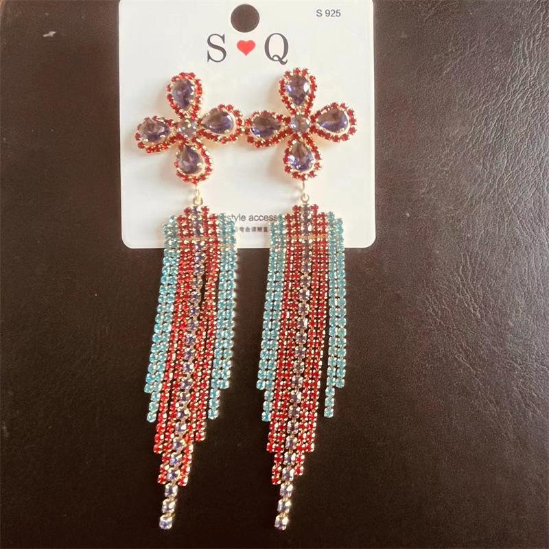 S925 Silver Needle Rhinestone Tassel Earrings - Exquisite Long Claw Chain with Colored Diamonds, European & American Style