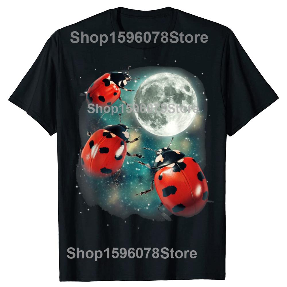 Funny Retro Three Ladybug Moon Cotton Tops Fitness TShirt Oversized Unisex Gardener Outdoors Cute Bug Graphic Tees Streetwear