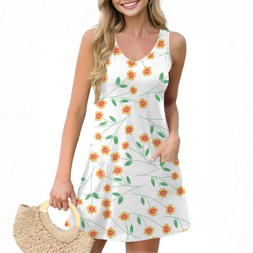 Women's Casual Summer Vest Dress With Pockets Floral Print V Neck Sleeveless Dress