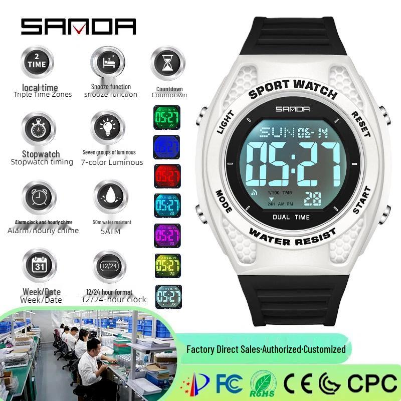 Sanda Men's Digital Watch: 7 Alarms, Luminous, Multi-Function, Waterproof, Dual Time Zones.