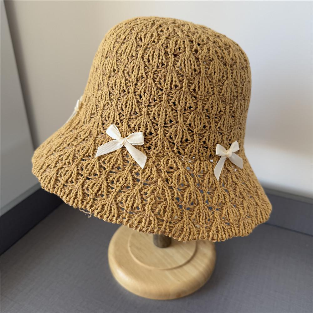 Bow straw hat girls sweet and cute bucket hat spring and summer travel seaside sunscreen hat