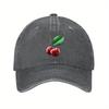 Cherry Print Washed Black Baseball Cap Cotton Adjustable Dad Hat Casual Outdoor Golf Cap