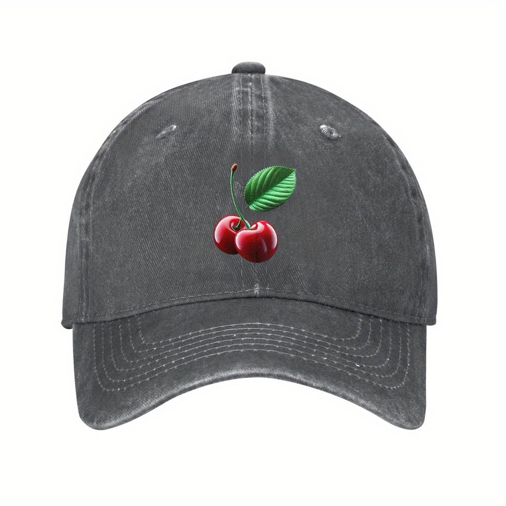 Cherry Print Washed Black Baseball Cap Cotton Adjustable Dad Hat Casual Outdoor Golf Cap