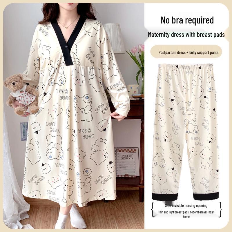 Maternity Labor Gown & Nursing Pajama Set with Built-in Bra for Spring/Summer