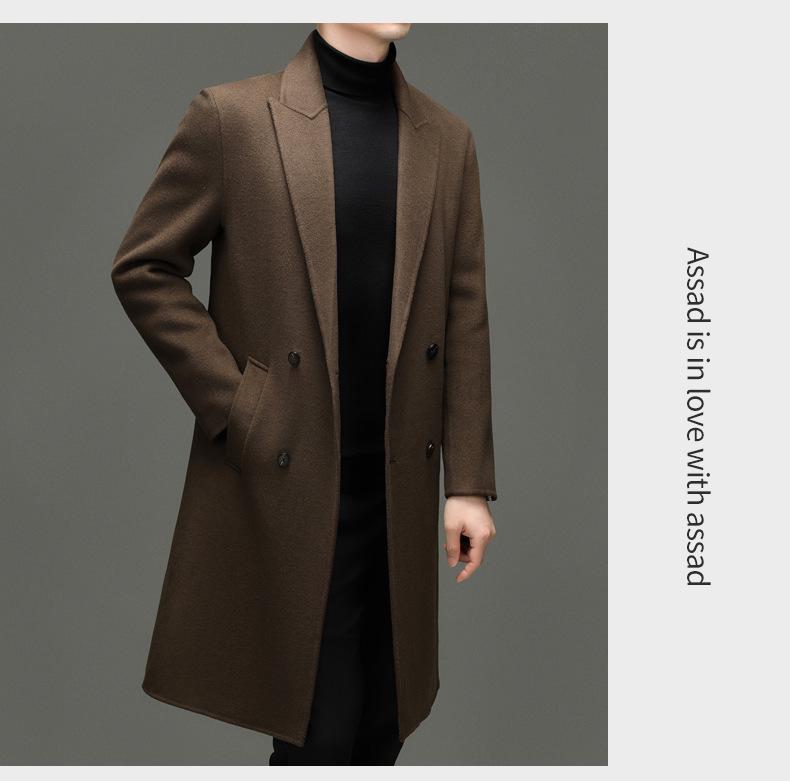 Men's 100% Wool Double-Faced Double-Breasted Lapel Collar Business Casual Long Coat