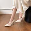 Retro high heels women's widened version one-word strap thin heel pointed fiber leather pearl versatile temperament commuter work shoes