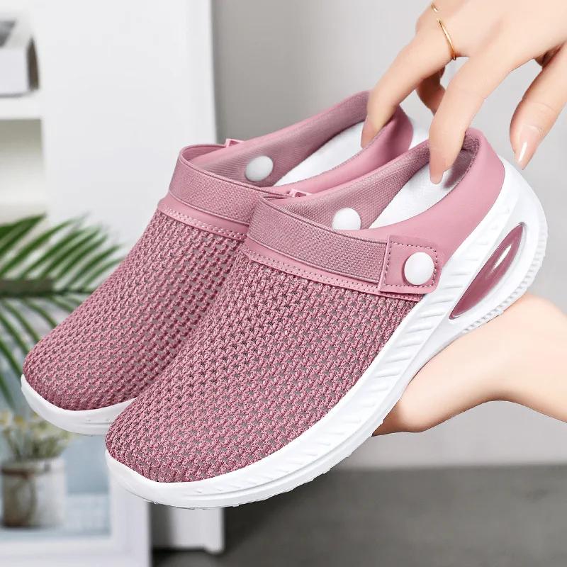 Women's Shoes Comfortable Soft Soled Flats Breathable Mesh Hollow Fly Weave Half Drag Non Slip Lightweight Casual Shoes