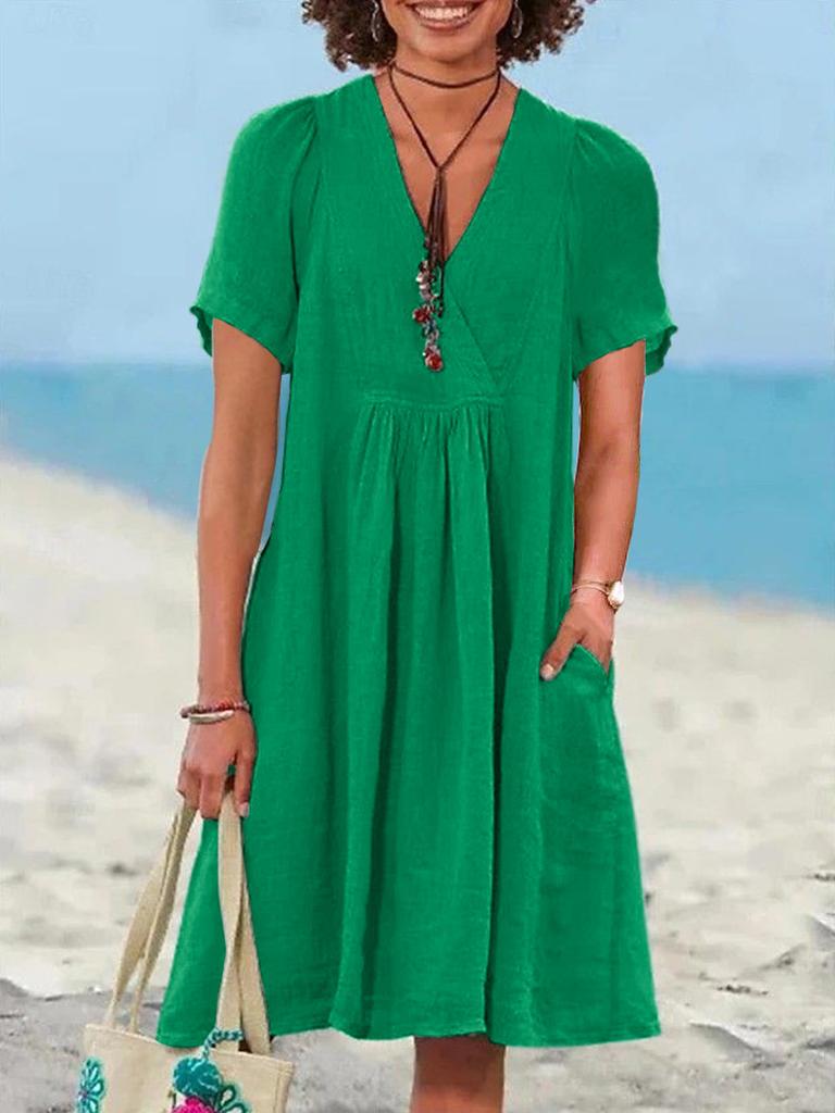Nuovo Vestito Estivo Casual da Donna Lento Moda Retro Cotone Lino Manica Corta Scollo a V Ruffled