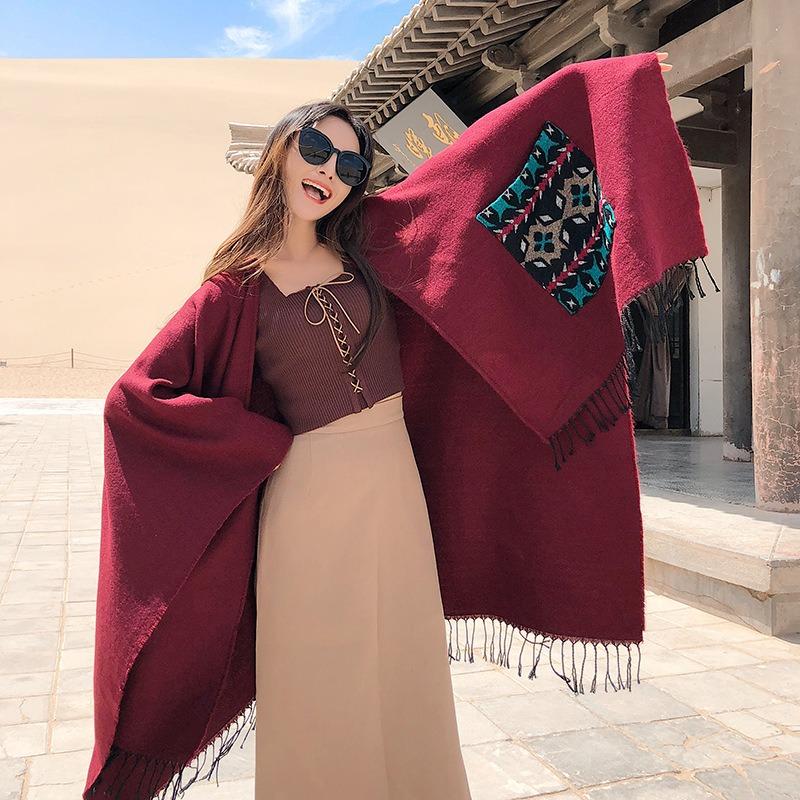 Scarf women's winter outer split shawl imitation cashmere thickened warm fringed pocket cape desert travel photo