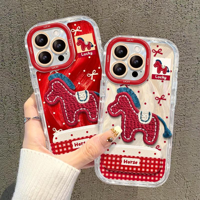Fluffy Pony Mirror Stand Phone Case With Gauze Pattern For Iphone 17 Pro Max 16 15 14
