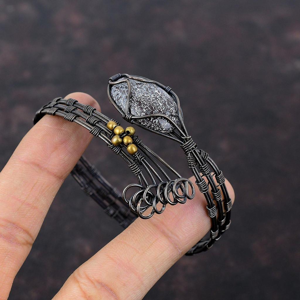 Dinosaur Bone Bangle Copper Wire Wrapped Cuff Bracelet Handmade Adjustable Bangle Copper Wire Wrap Jewelry Gemstone Bangle Anniversary Gift