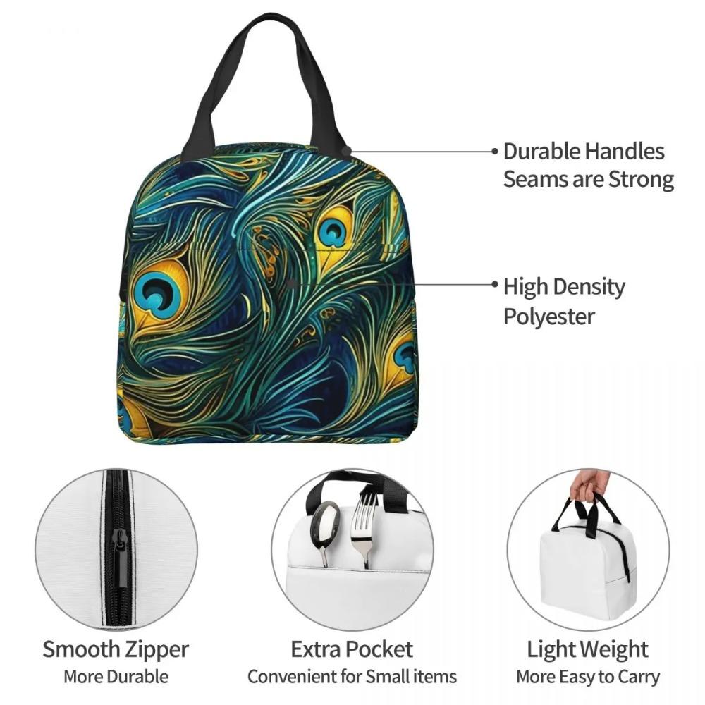 Colorful Peacock Feather Insulated Lunch Bag for Women Children Portable Food Boxes Thermal Lunch Box Tote