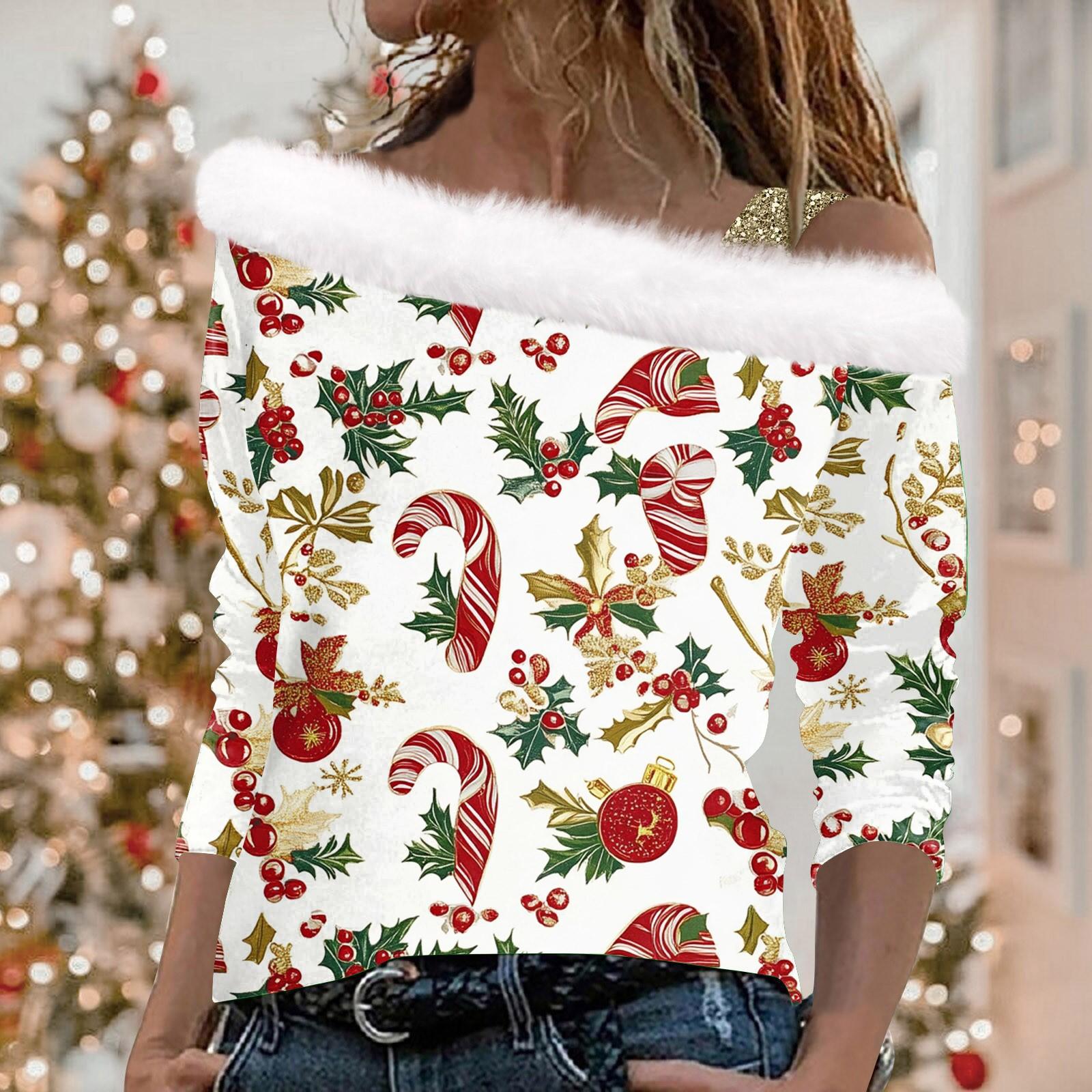 

Женский повседневный модный топ с длинными рукавами и открытыми плечами с рождественским принтом из плюша XL хаки