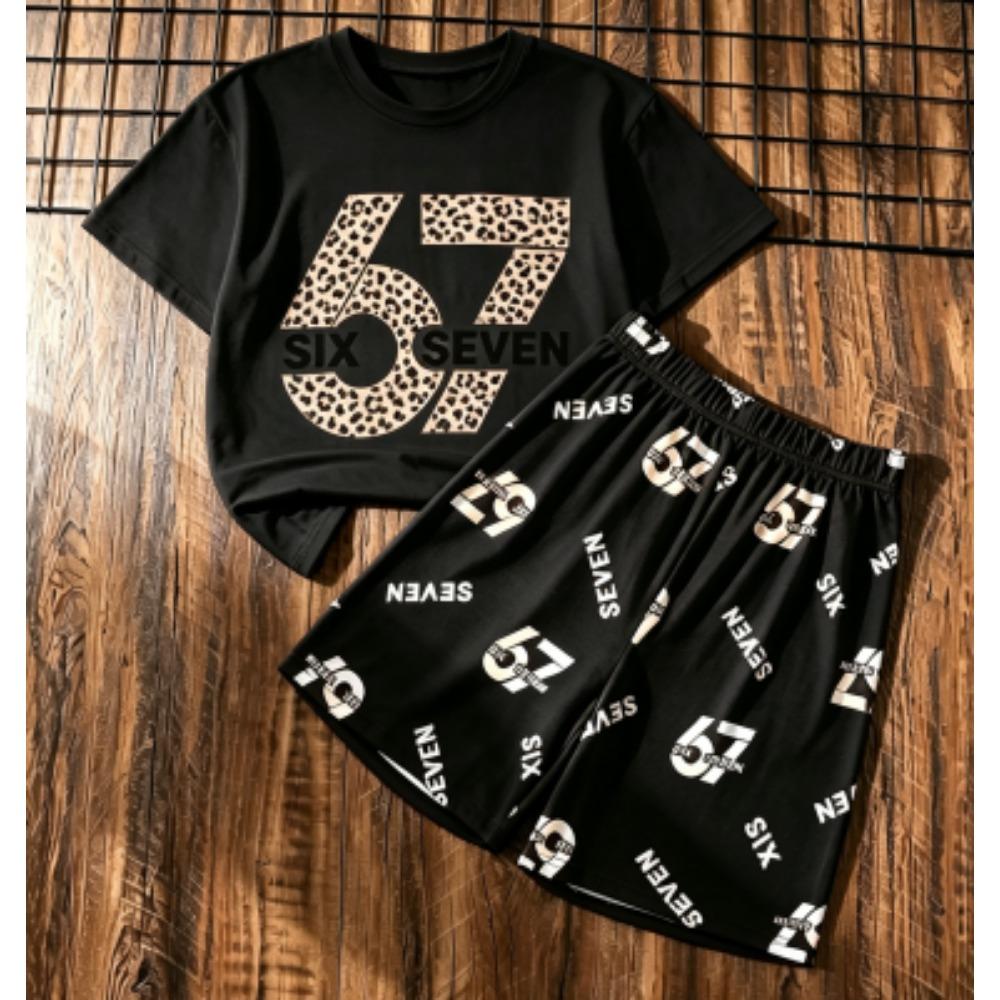 Herrset Six Seven 67 Tryckt Herr T-shirt och Shorts 2-delat Set Sommar Casual Utomhus Herr- och Dam-T-shirtset