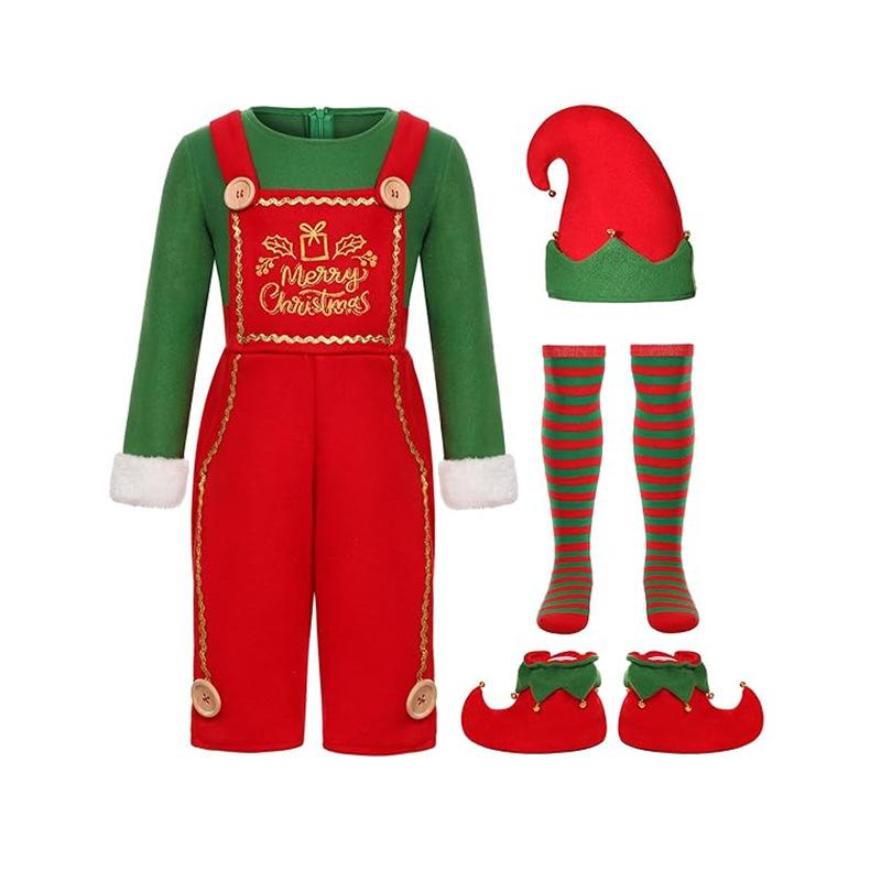 Christmas Kids Cute Green Elf Costume New Year Family Party Festival Fancy Santa Claus Cosplay Outfit Set for Boy
