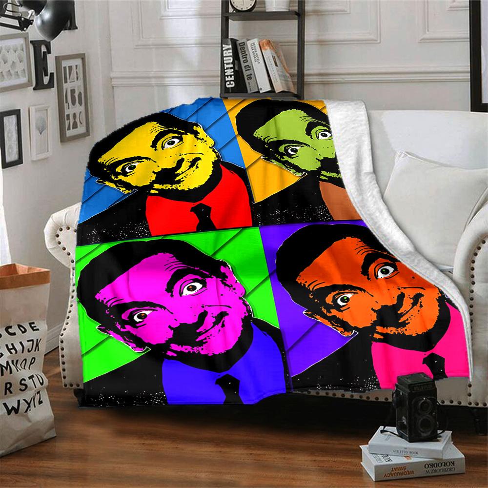 1pc Mr. Bean Pop Art Flannel Throw Blanket HD Printed Lightweight Soft Warm All Season Blanket for Sofa, Bed, Travel, Camping Machine Washable