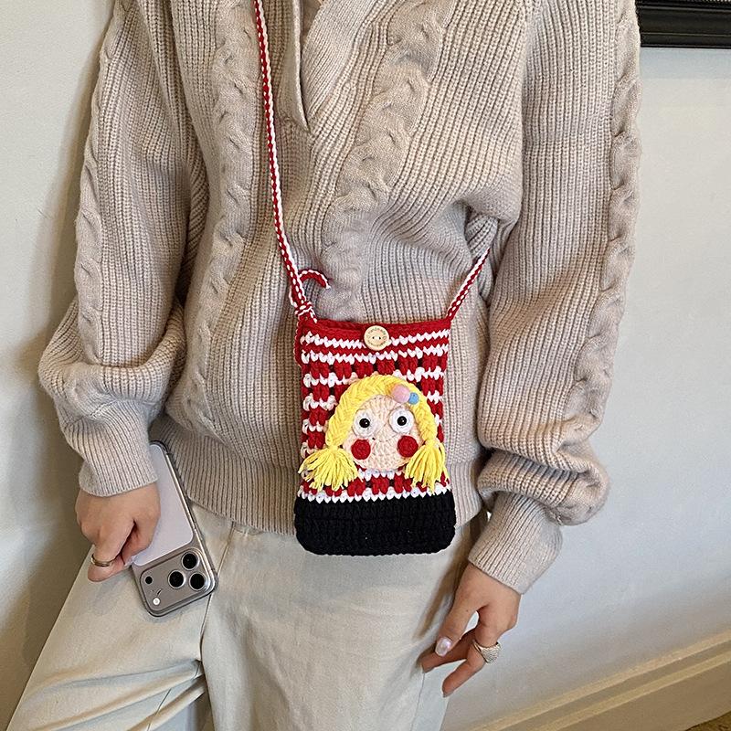 Cartoon Little Girl Single-shoulder Bag Hand-knitted Girls' and Boys' Cross-body Bag for Children, Small Children's Wallet