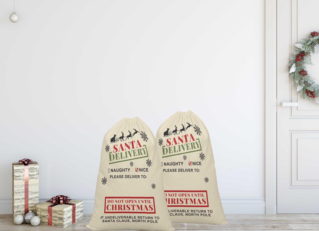 Printtoo 2 Pcs Large Santa Sacks with Drawstring Canvas Xmas Gifts Bags for Kids Christmas 27x20 Inch