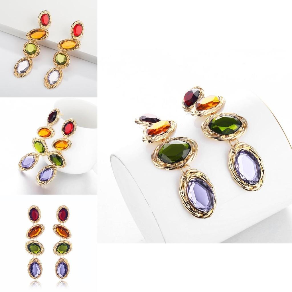 Fashionable Geometric Irregular Earrings With Vibrant Gemstones Women For