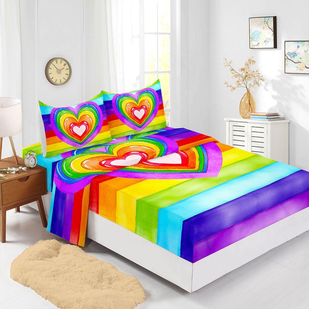 Rainbow Gradual Change Color Four-Piece Mattress Digital Printing Mattress Protective Cover Bedding