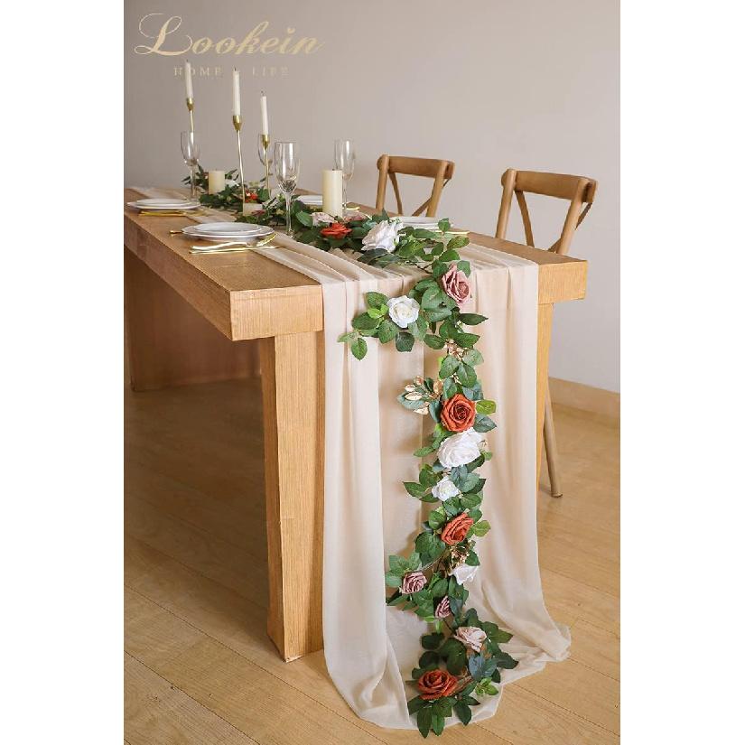 Lookein 10 Feet Champagne Chiffon Table Runner Sheer Wedding Table Cloth 29x120 Inches Rustic Wedding Decorations French Chiffon Table Runner