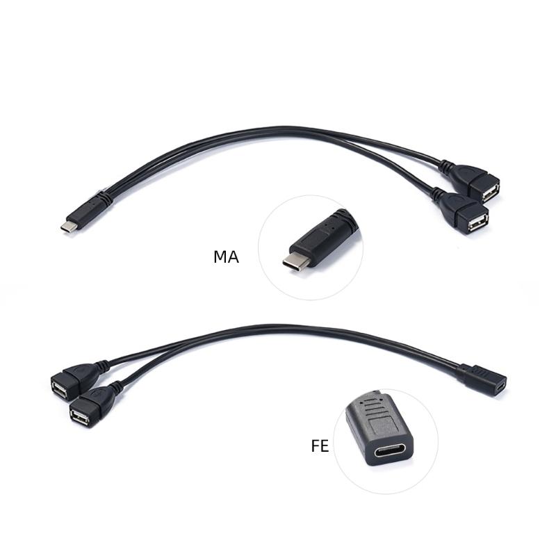 30cm Type C To Double USB Converter Adapter Cord Male/Female To Female Charger Cable Supports 15W for Mobile Devices
