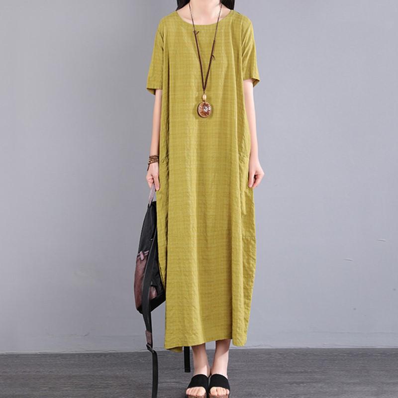 Vestido longo de verão solto casual feminino, manga curta, plus size, vintage, xadrez, novo em vestidos para mulheres