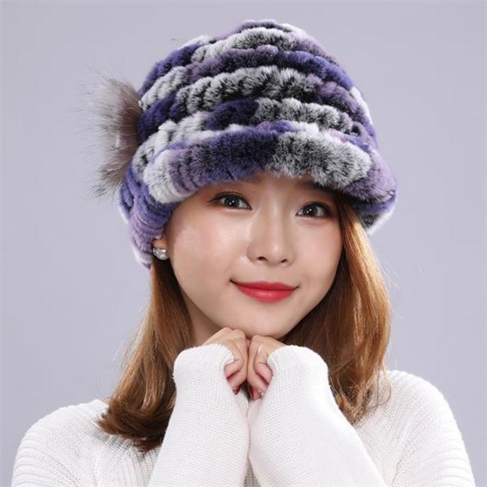 Autumn and Winter Rex Rabbit Fur Duckbill Hat with Rose Side Flower Women's Fox Fur Hat Knitted Warm Thick Fashion Hat with Brim