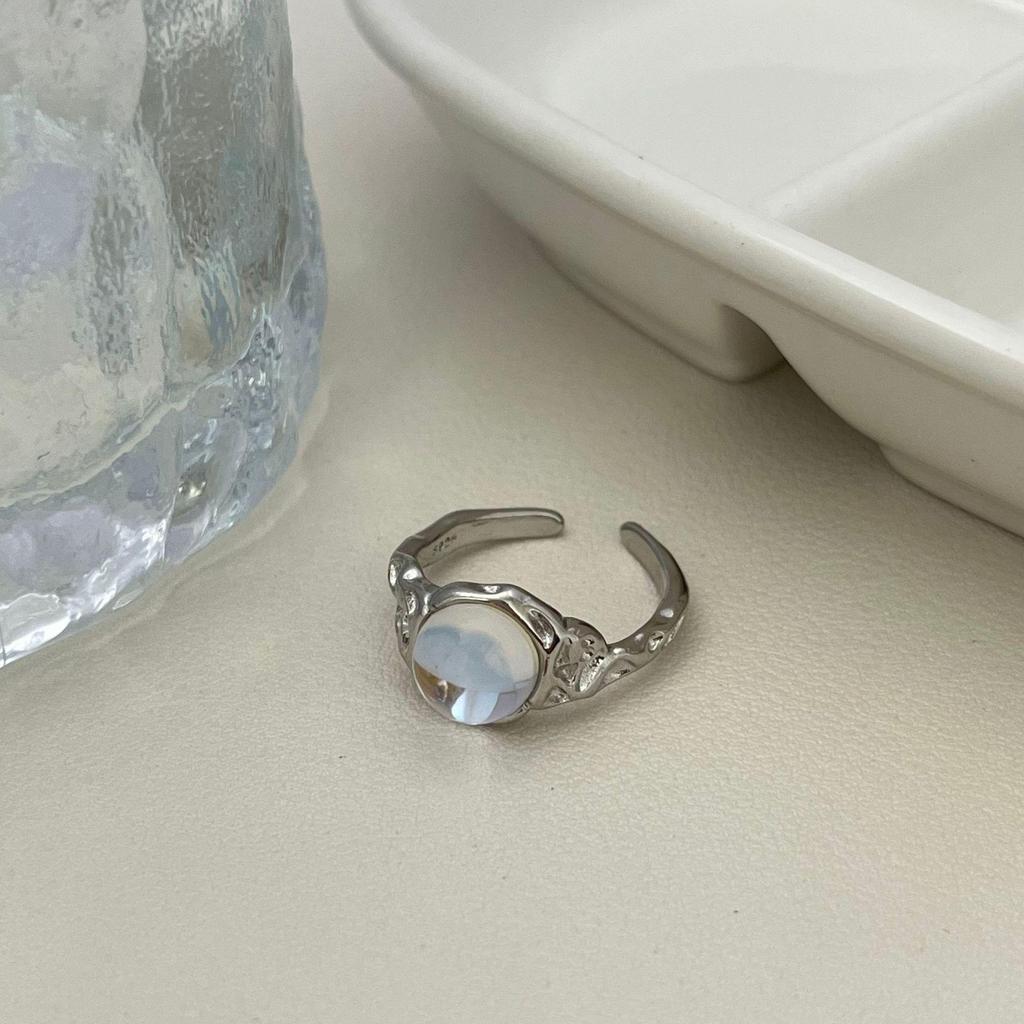 Korean Iridescent Moonstone Ring - Blue/White Gradient, Irregular Texture, INS Style