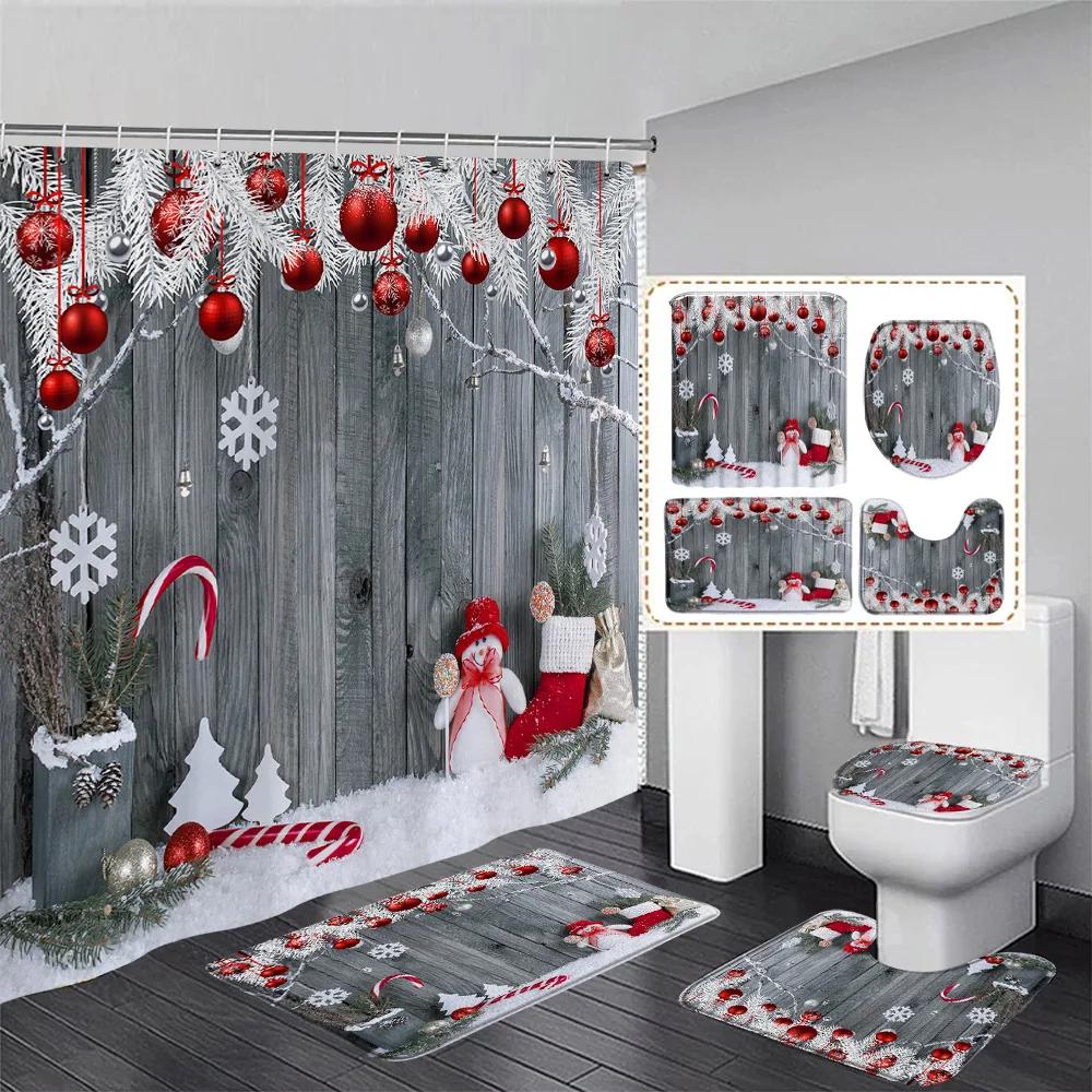 Red Christmas Shower Curtain Set Green Pine Branches Rope Ball Winter New Year Xmas Bathroom Decor Rug Bath Mat Toilet Lid Cover