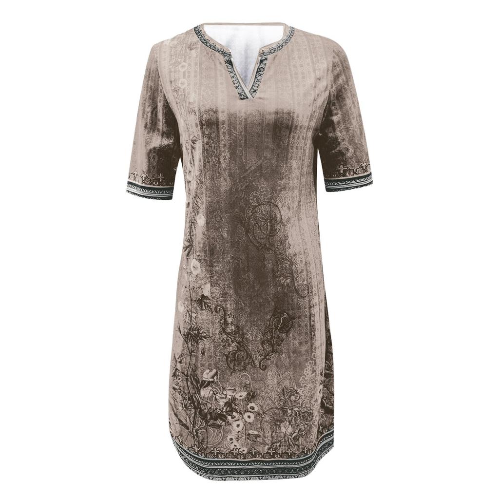 Women's Button Decoration O Neck Dress Ladies Vintage Floral Print Short Sleeve Long Dress