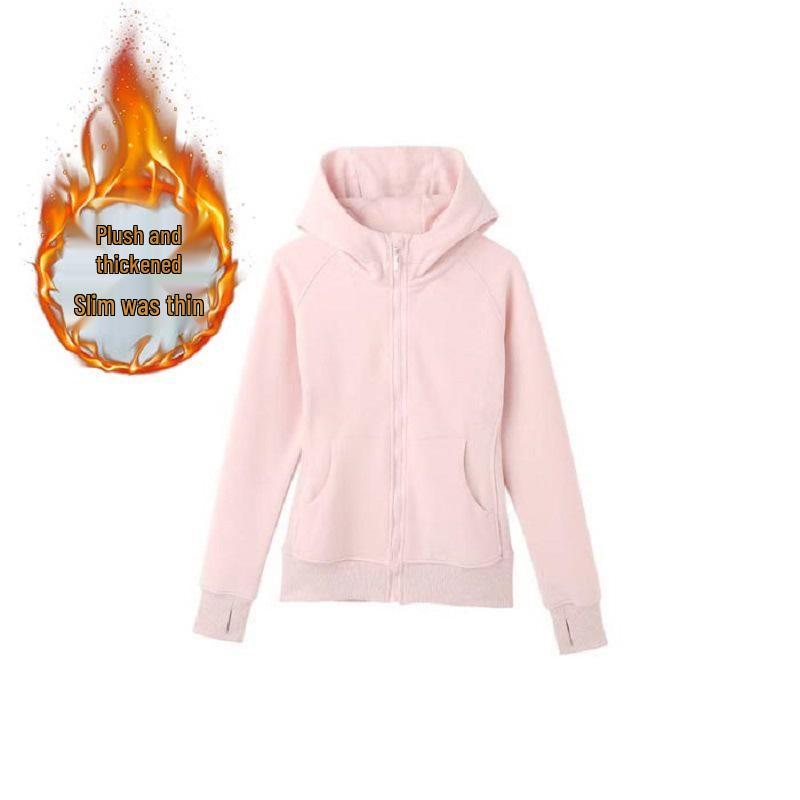 Fleece-Lined 380g 2025 Korean Black Slim Fit Waist-Cinching Hooded Sweatshirt for Women - Spring/Autumn Casualwear XL