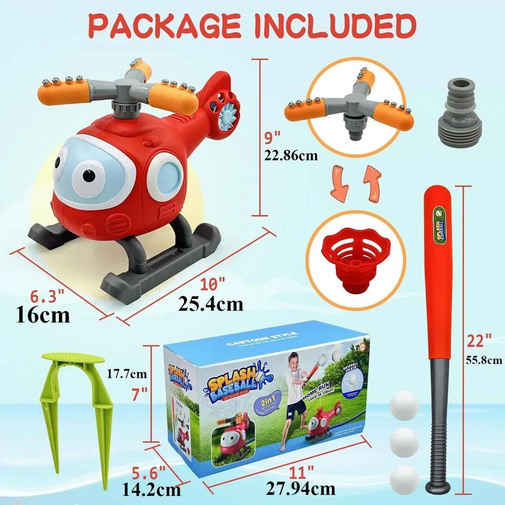 2 in 1 Outdoor Wassersprüh-Rasensprenger Baseball-Set für Kinder & Kleinkinder Hubschrauber Hydrant Wassersprüh-Spielzeug mit 2 Sprühköpfen