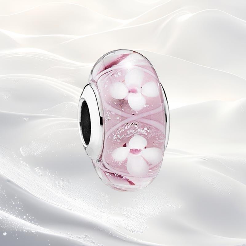 Cherry Blossom Flower Clip Charm Beads Dangle Fit Original Snake Silver Bracelet Necklace Bead For Diy Jewelry Women Gift
