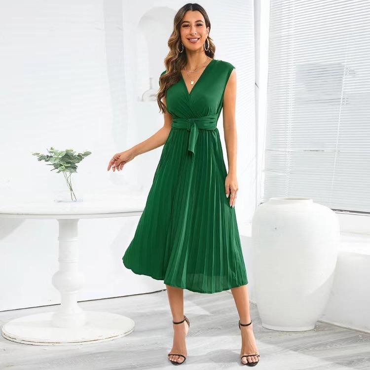 Sommer Neues Französisches Chic Maxikleid Damen V-Ausschnitt Ärmellos Schnürung A-Linie Falten Damenkleider Damen