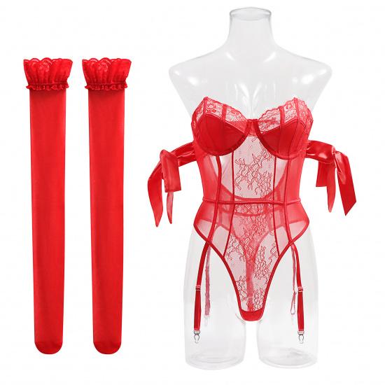 Toucheart Sexy Underwear Women Bow Silk Strap Sexy Lingerie Jumpsuit Stockings Set Solid Color Mesh See-through Sexy Lingerie