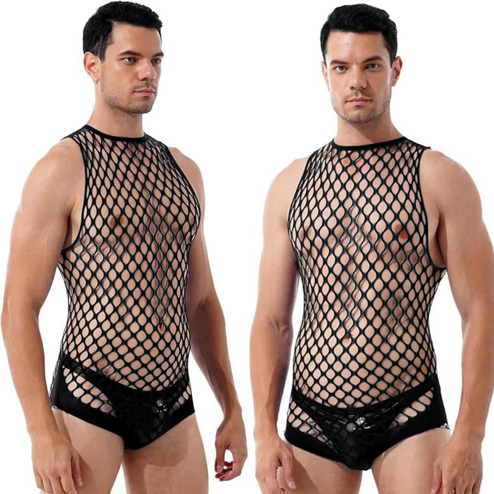 Plus Size Men's Black Sexy Lingerie Fishnet Body Stockings Male Underwear Exotic Lingerie for Man Open Crotch Transparent Tights