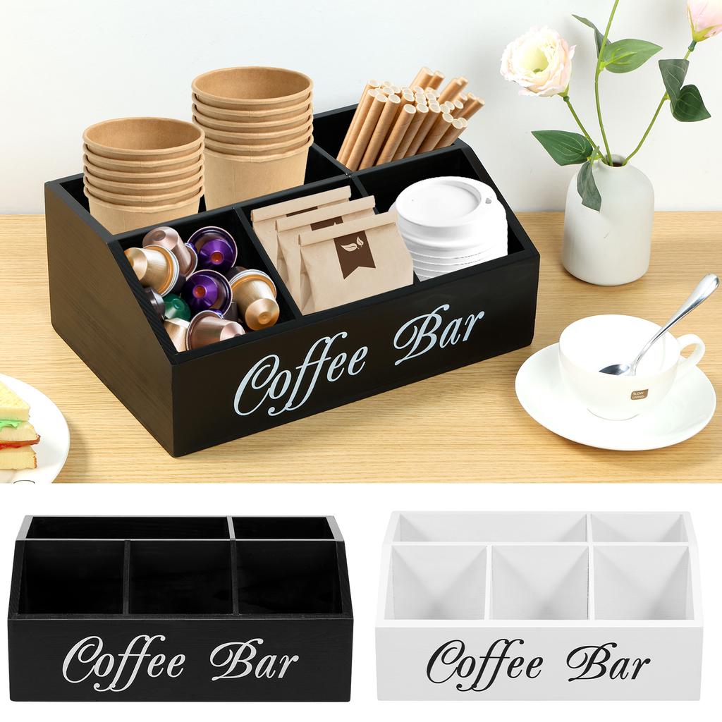 Wooden Coffee Rack Coffee Bar Organizer 5 Compartments Coffee Bar Accessories Vintage Coffee Storage Station Coffee Pods Holder