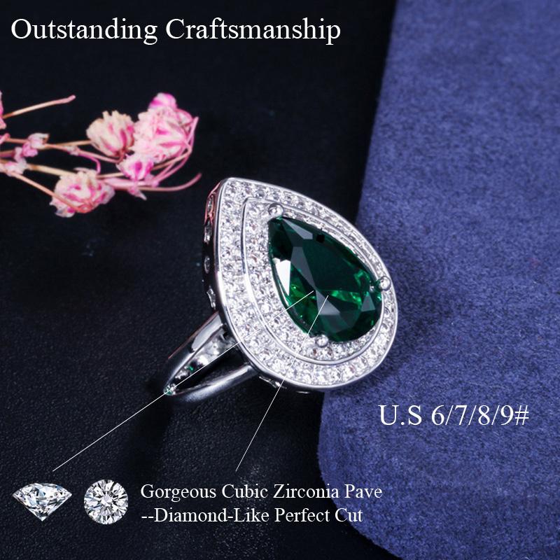 CMM Classic Women Engagement Party Jewelry High Quality Big Tear Drop Green Rings with Zirconia