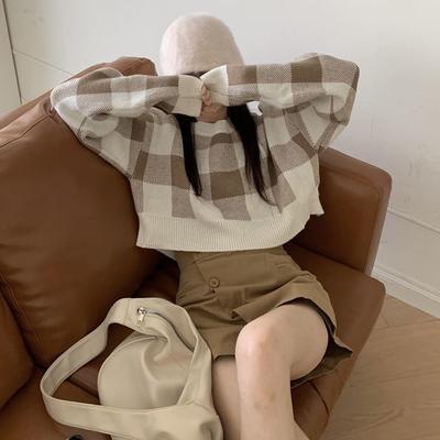 Abgeschnitten Pullover Koreanische Oansatz Plaid Druck Adrette Pullover Frauen Süße Pullover Für Student