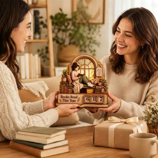 Motivational Reading Challenge Sign Book Read This Year Tracker, 3D Layered Wooden Window Handcrafted Room Accent Piece Girl Count Stand with