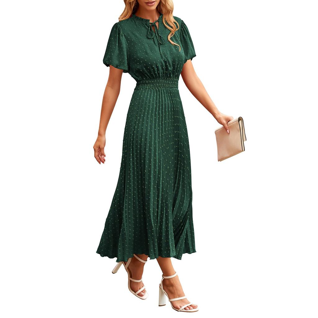 Women's Summer Fashion Loose V-Neck Short Sleeve Tie Solid Color Dresses