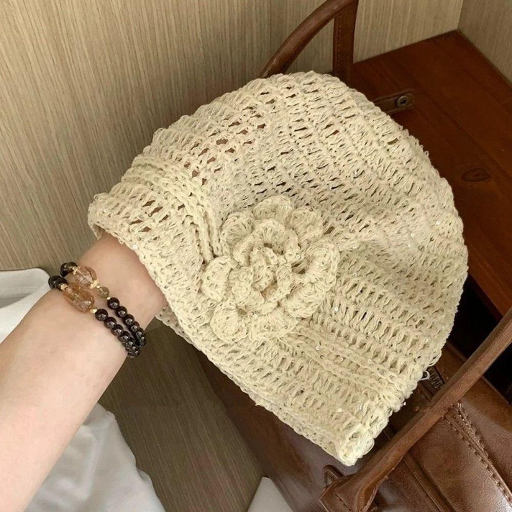 Fashion Flower Knitted Caps Hollow Hand-woven Beanies Cap Solid Color Breathable Sequin Crochet Hat