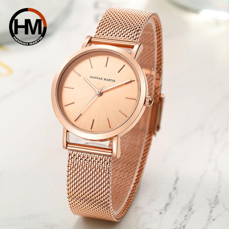 Hannah Martin Japan Quartz Movement High Quality Women Stainless Steel Mesh Rose Gold Waterproof Ladies Watch Dropshipping CC36