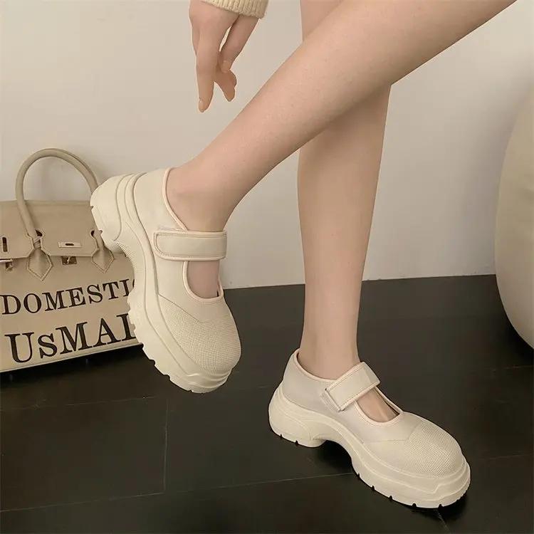 Fashion Retro Sle Versatile Large Head Mary Jane Sports Oes for Women Casual White Sneakers  Tape Nurse Oes Faionable Flats